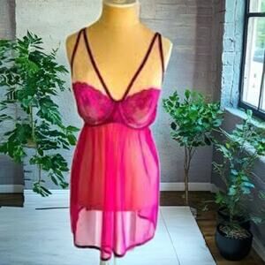 Cacique fuchsia lace mesh babydoll 18 20 Plus Size Intimates Coquette EUC